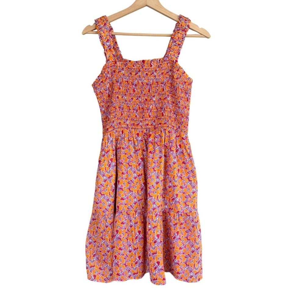 GAP Women Orange Purple Floral Smocked Tiered Mini Dress Cottagegore Size M NEW